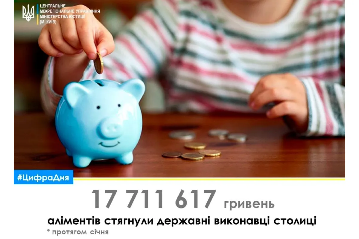 Протягом січня 2021 року державні виконавці Києва в примусовому порядку стягнули понад 17, 7 мільйонів гривень аліментів