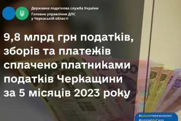 ​Платниками податків Черкащини за cічень-травень 2023 року до бюджетів усіх рівнів сплачено 9,8 млрд грн податків, зборів та платежів
