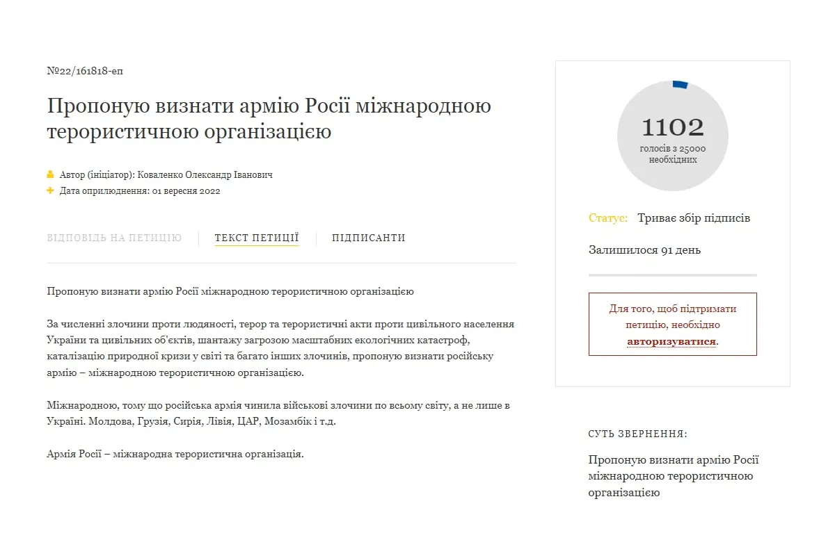 Петиція: Зеленського закликали визнати армію росії міжнародною терористичною організацією