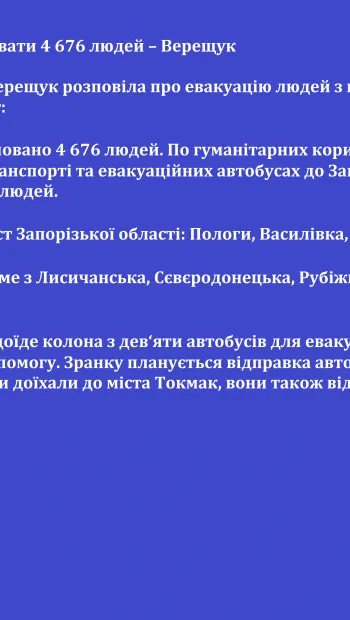 ​Російське вторгнення в Україну : За 7 квітня вдалося евакуювати 4 676 людей – Верещук