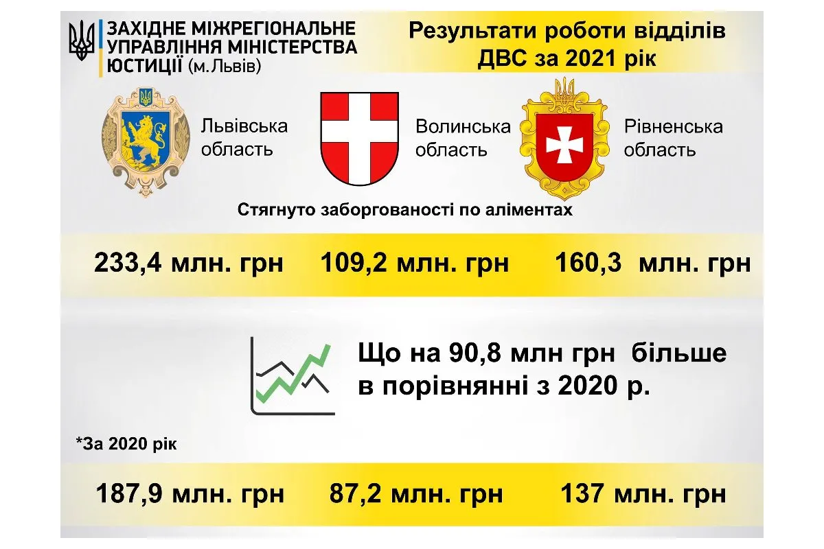 Торік державні виконавці Львівської, Рівненської і Волинської областей стягнули  більше півмільярда заборгованих аліментів