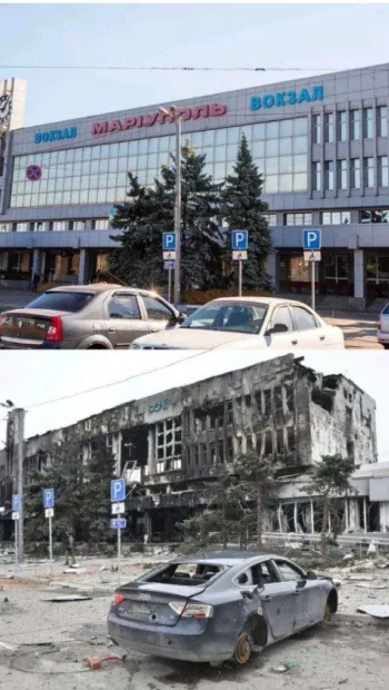 ​Російське вторгнення в Україну : Залізничний вокзал Маріуполя до та після вторгнення російських військ