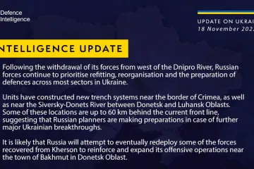 ​Після відведення своїх сил із заходу річки Дніпро російські сили продовжують підготовку оборони на більшості ділянках