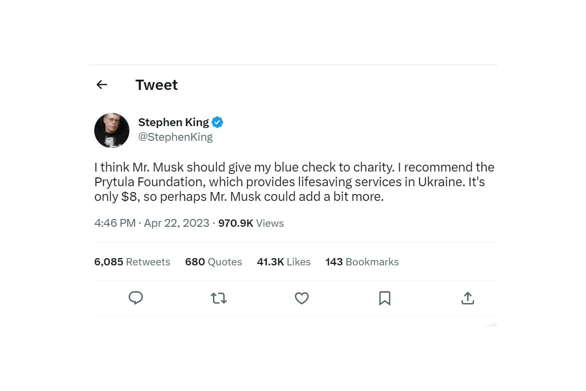 Стівен Кінг запропонував Ілону Маску передати гроші за його галочку в Twitter у "Фонд Притули"