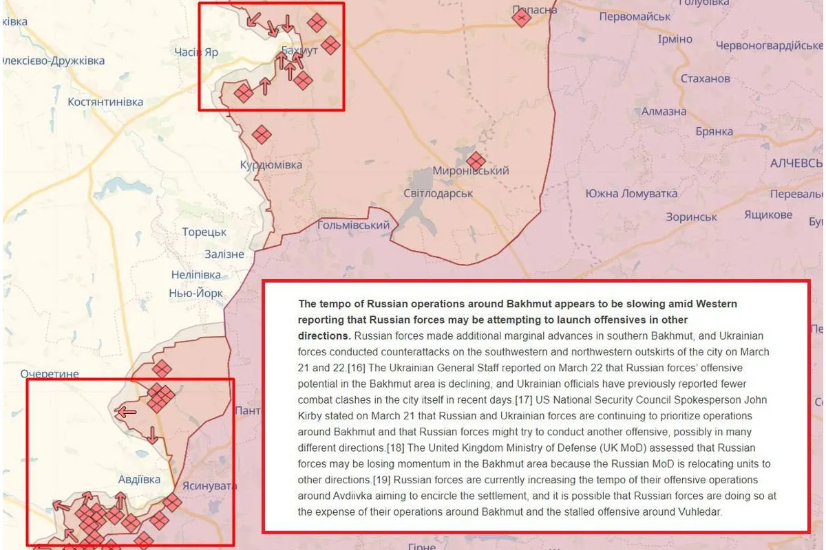 росія уповільнює темпи наступу на Бахмут, натомість активізувалася в районі Авдіївки, — ISW