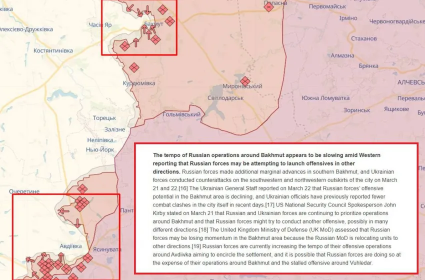 росія уповільнює темпи наступу на Бахмут, натомість активізувалася в районі Авдіївки, — ISW