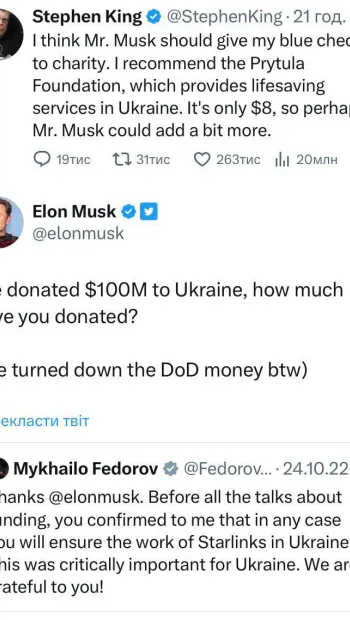 ​Ілон Маск заявив, що задонатив на допомогу Україні $100 млн