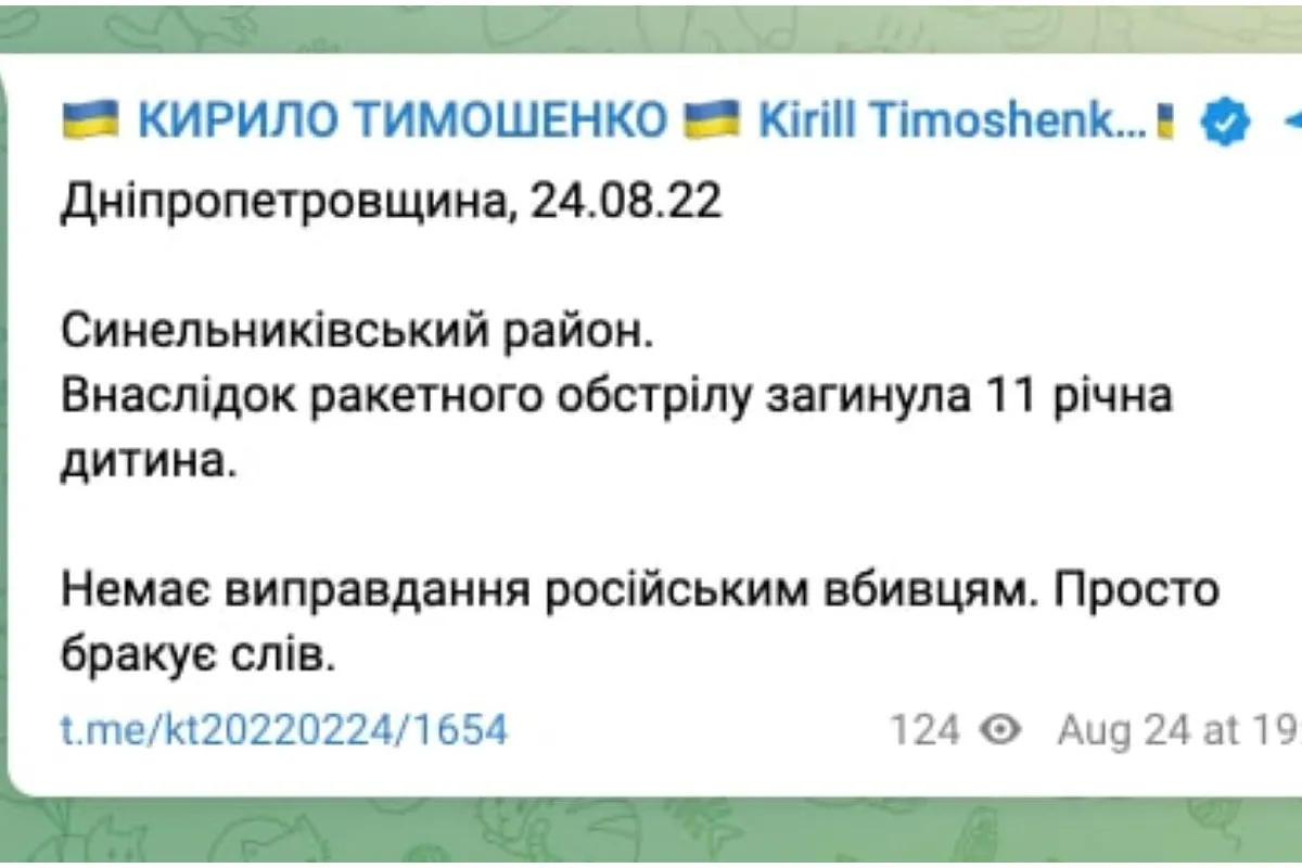 Внаслідок обстрілу Синельниківського району Дніпропетровщини загинула 11-річна дитина, — Тимошенко