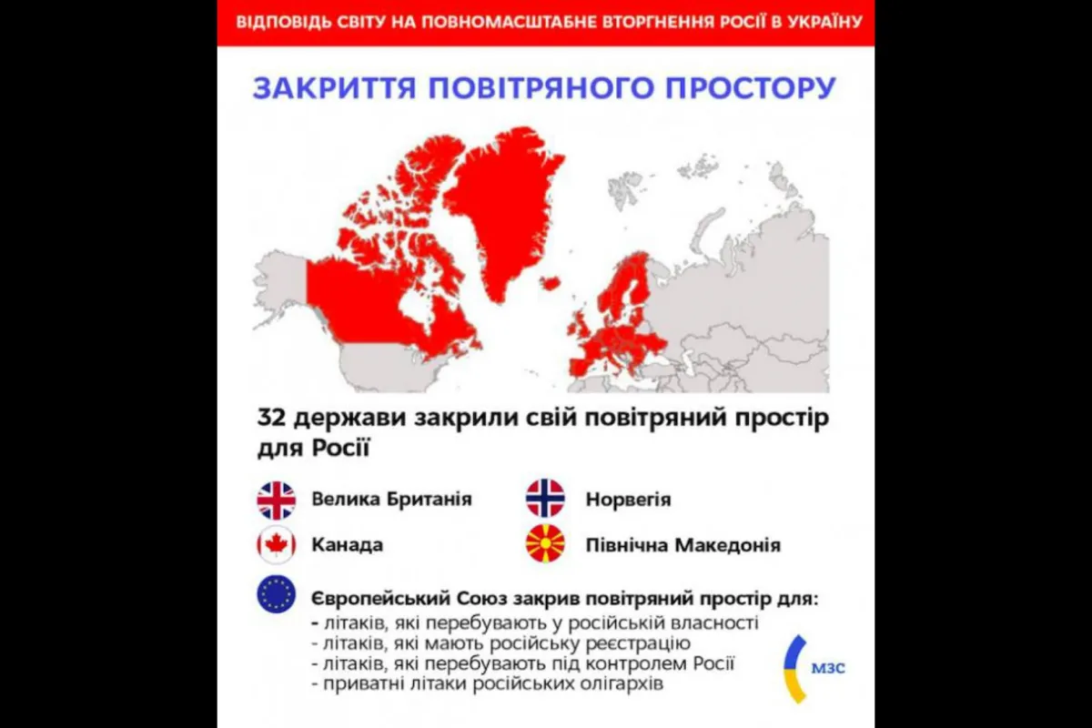 Майже все європейське та північноамериканське небо вже закрите для російських авіакомпаній — всього 32 країни закрили небо росіянам