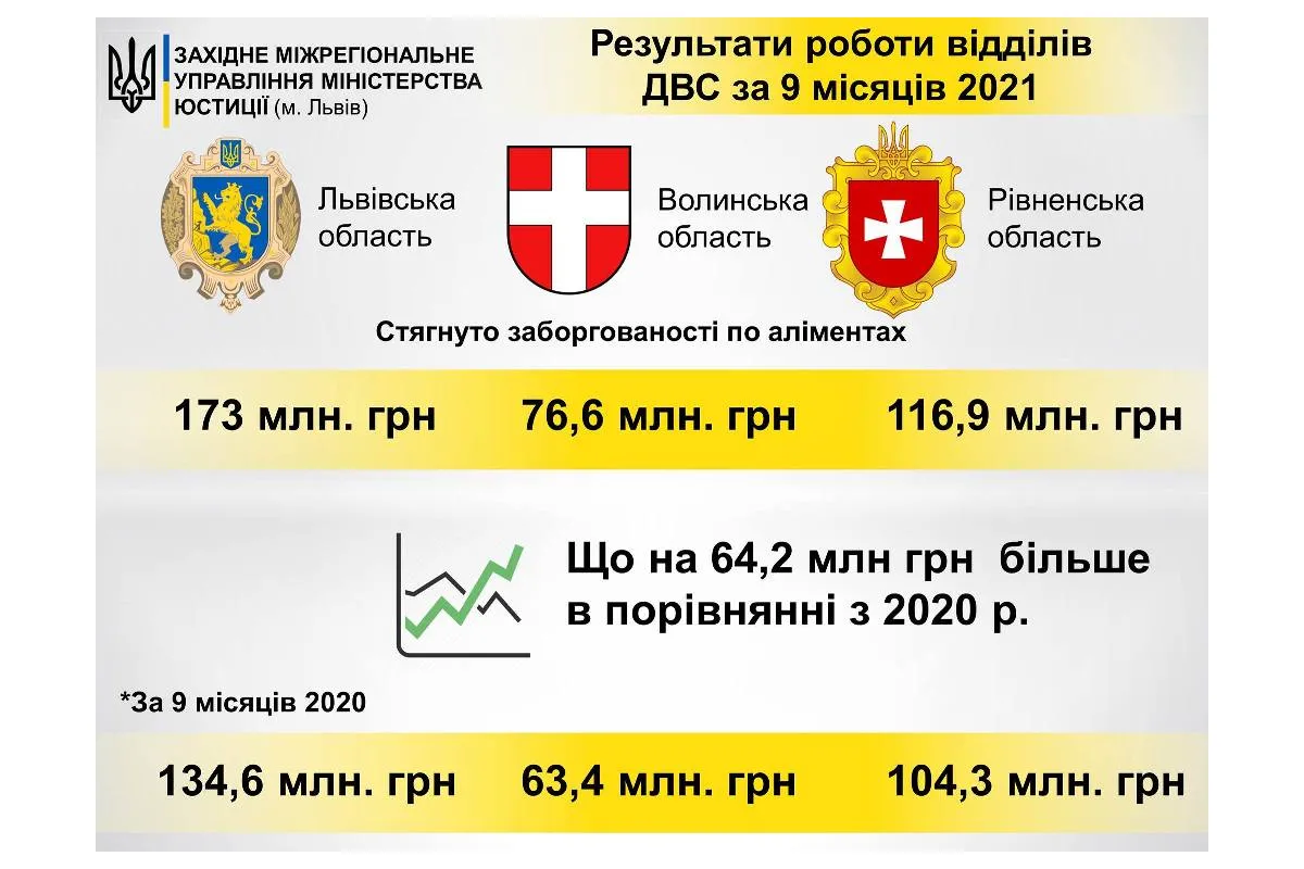 Від початку 2021 року працівники державної виконавчої служби Львівської, Рівненської та Волинської областей стягнули майже 370 млн грн заборгованості із виплати аліментів