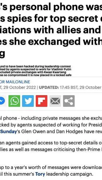 ​Телефон екс-прем'єр-міністра Британії Ліз Трасс був зламаний «шпигунами путіна», – повідомляє Daily Mail