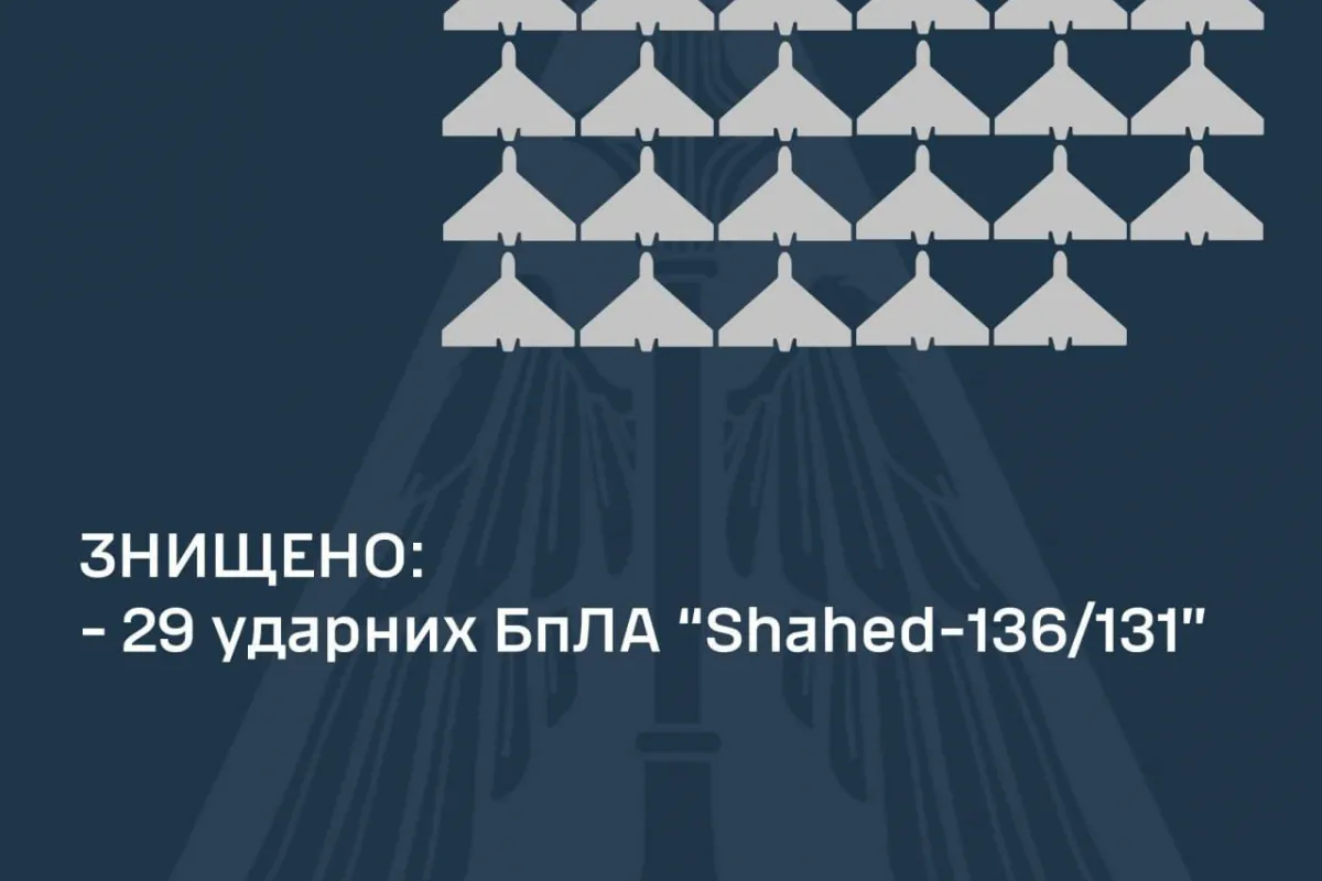 29 із 31 випущених росіянами БПЛА знищено над Україною цієї ночі, — Повітряні сили