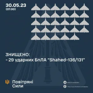 ​29 із 31 випущених росіянами БПЛА знищено над Україною цієї ночі, — Повітряні сили